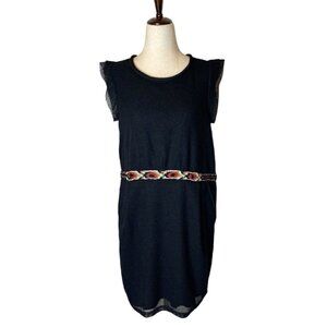 See U Soon Black Aztec Embroidered Belt‎ Cap Sleeve Fit And Flare Dress Size S